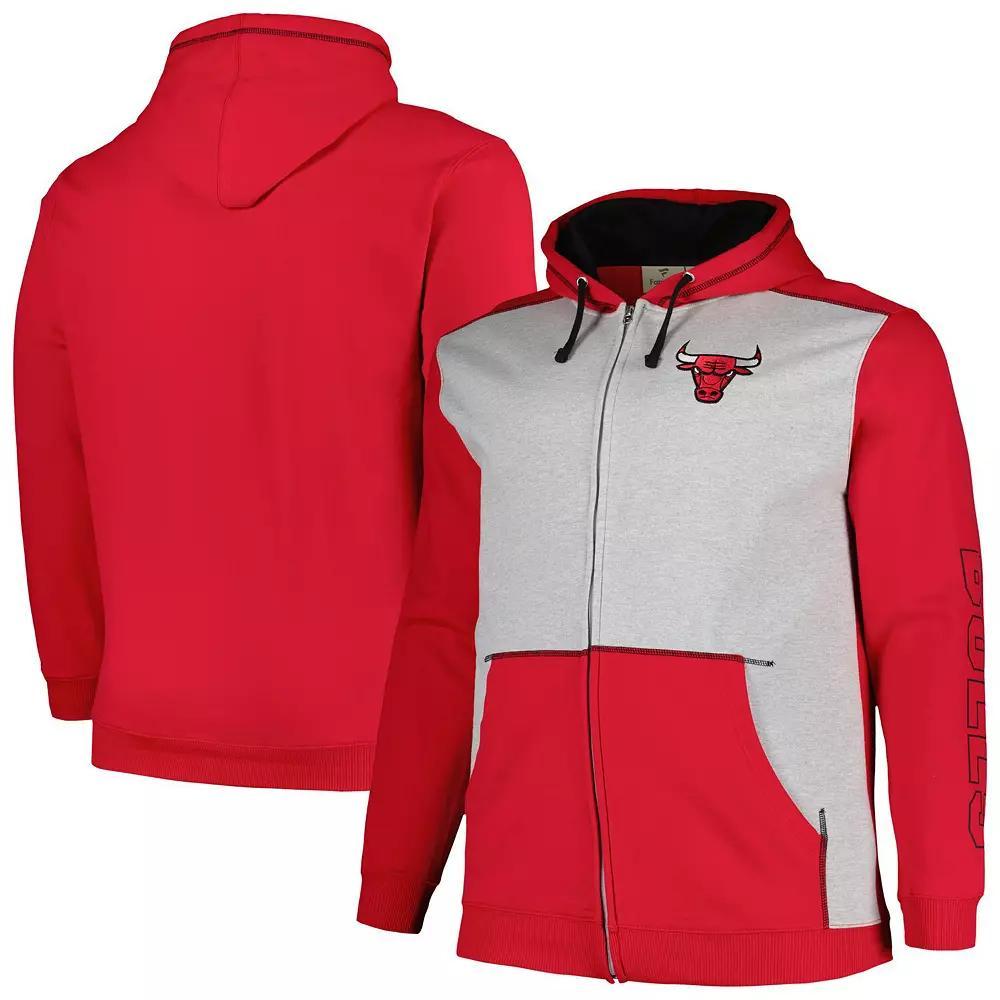 Men's Fanatics Branded Red/Heather Gray Chicago Bulls Big & Tall Contrast Pieced Stitched Full-Zip Hoodie,  Product Image