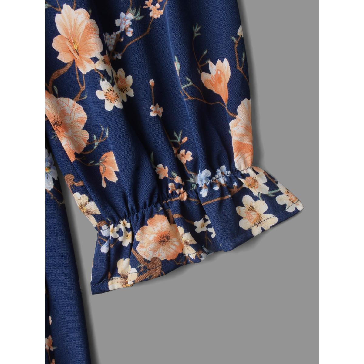 Plus Size Floral Knot Neck Split Hem Dress Indigo Women Elegant Tie knot Square Neck Long Sleeve Curvy BloomChic 30/6X Product Image