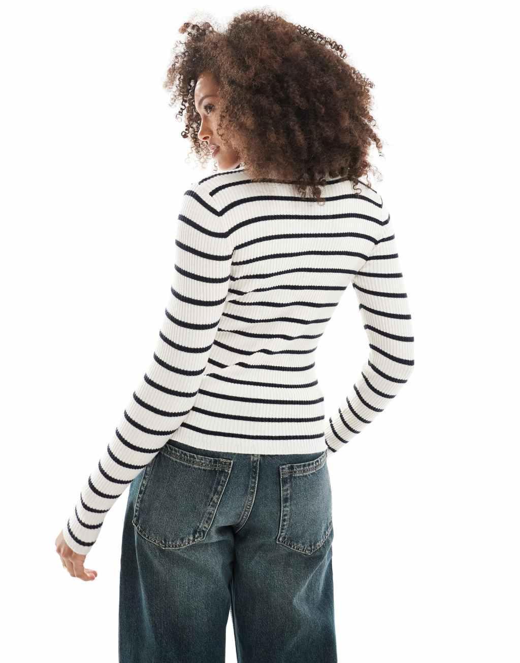 ONLY long sleeve crew neck knit top in beige with navy stripes Product Image