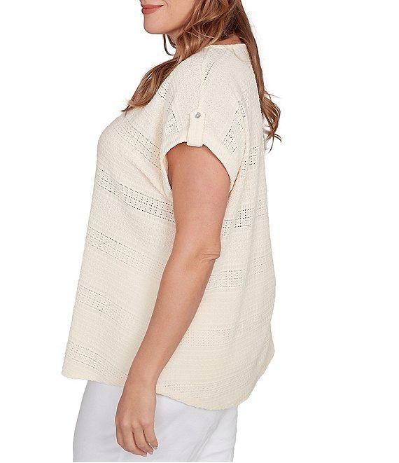 Ruby Rd. Plus Size Crochet Knit Boat Neck Short Button Tab Sleeve Top Product Image