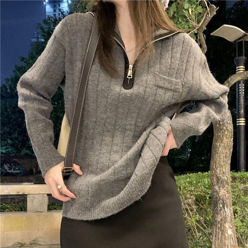 Contrast Trim Half Zip Ribbed Sweater Product Image