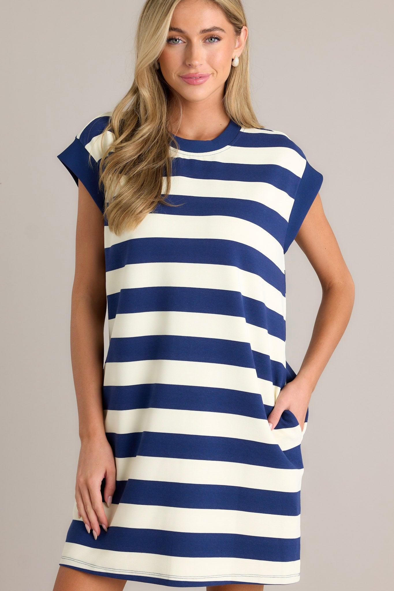 Harmony Horizon Navy Stripe Cap Sleeve Mini Dress Product Image