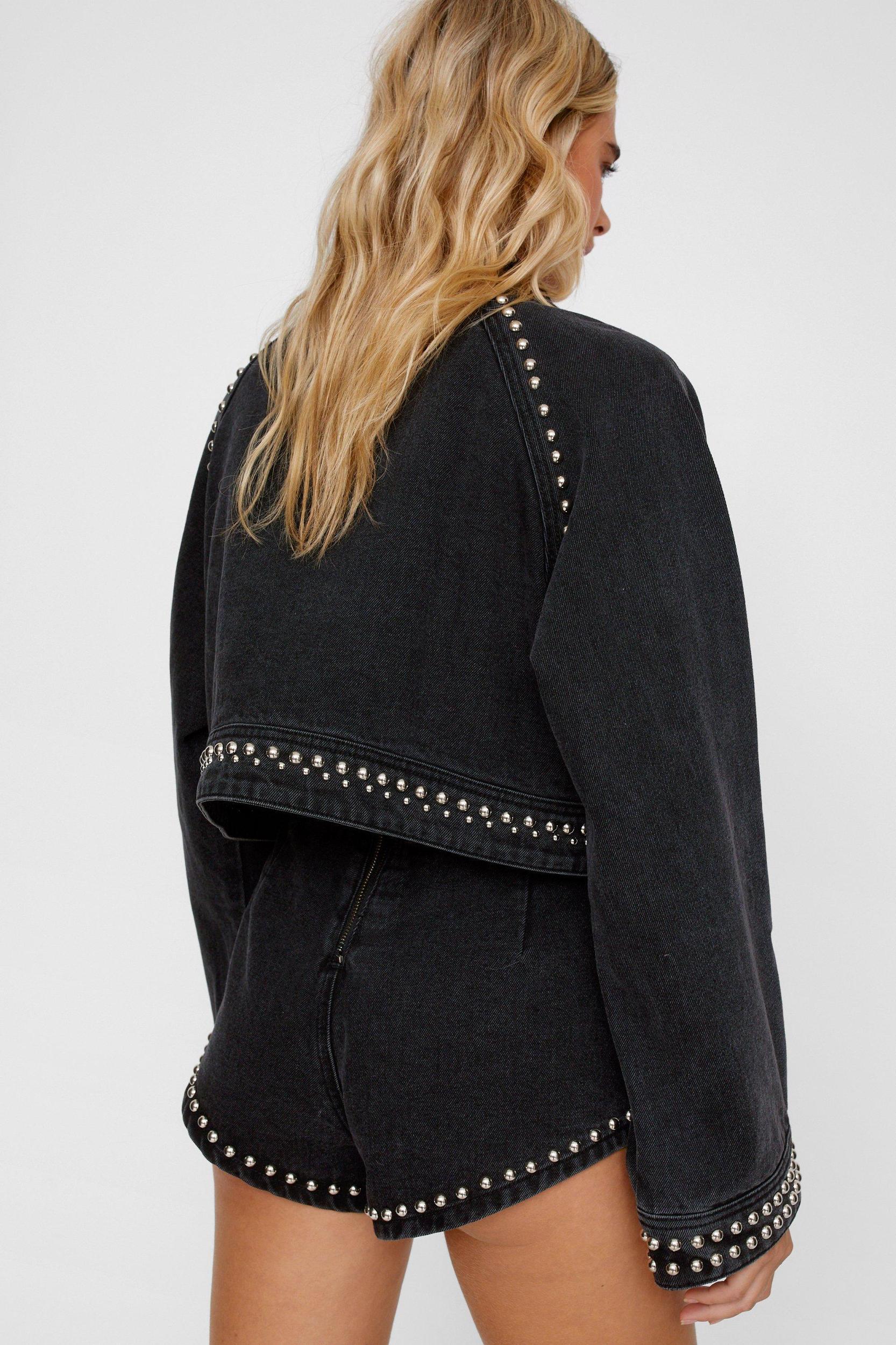 Heart Studded Cropped Denim Jacket Product Image