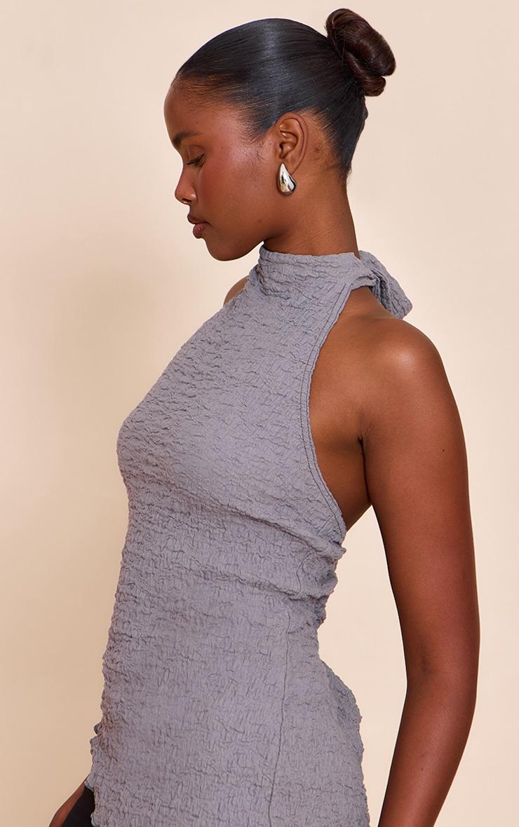 Grey Textured High Neck Asymmetric Hem Detail Long Top Product Image