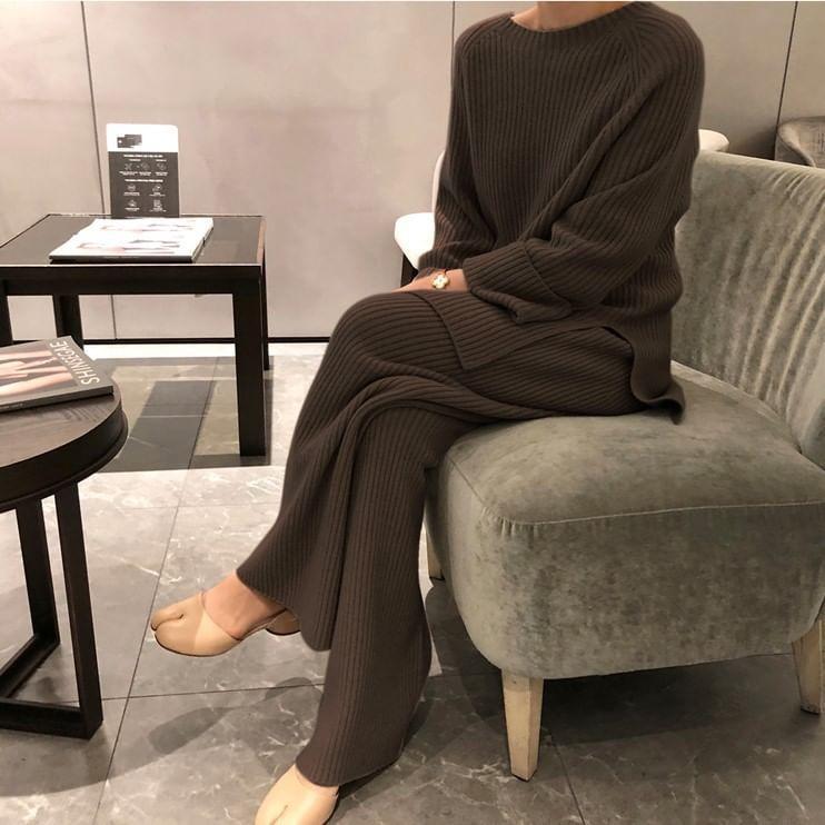 Set: Raglan-Sleeve Round Neck Slit Ribbed Sweater + Wide Leg Knit Pants Product Image