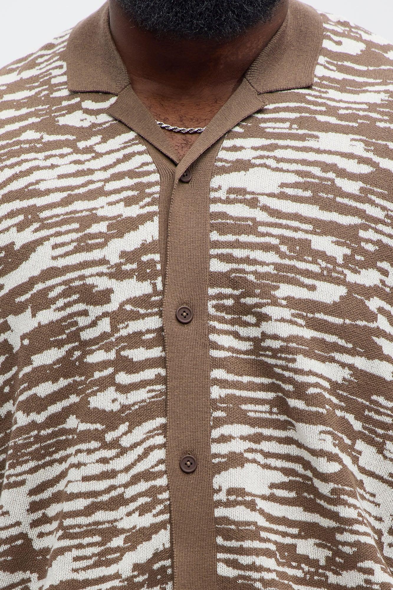 Zebra Pattern Knit Button Down Shirt - Brown Combo Product Image