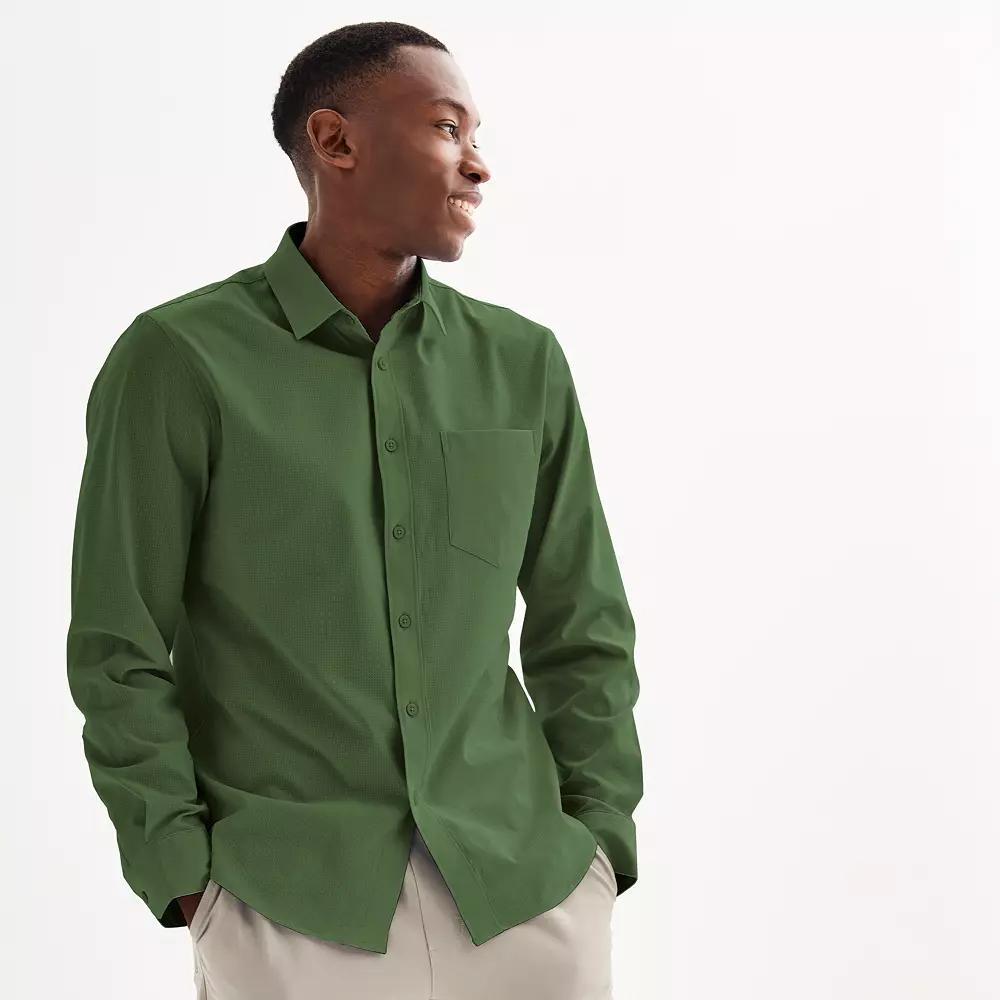 Men's FLX Slim Performance Untucked-Fit Button Down Long Sleeve Shirt, Size: Large SLIM, Sage Green Product Image