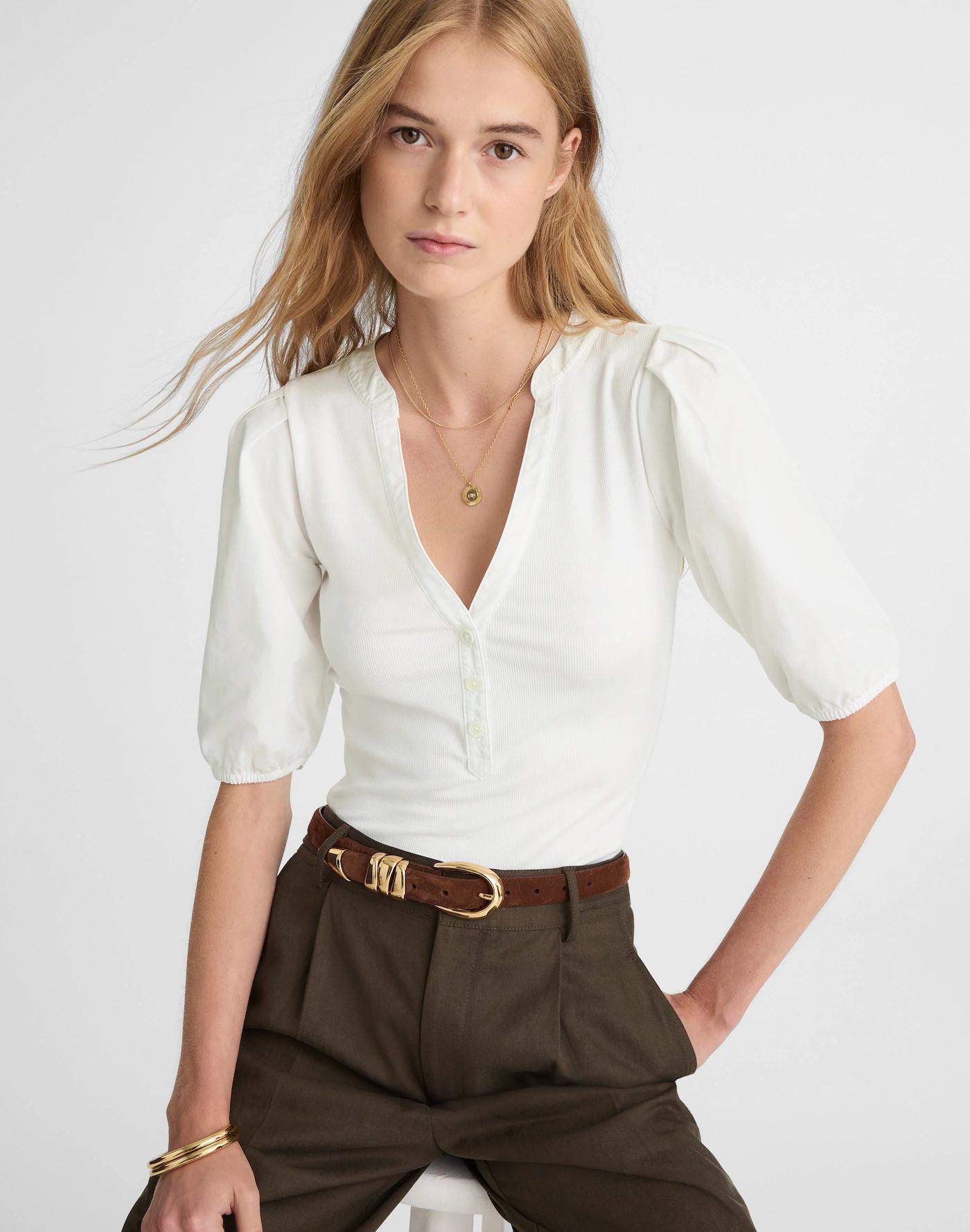 Puff-Sleeve Henley Knit Top Product Image