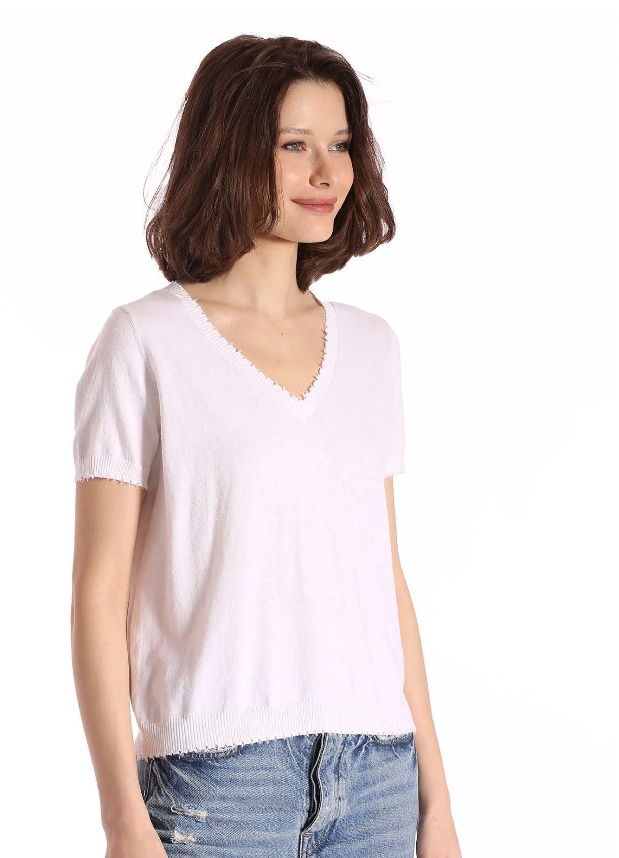 Minnie Rose Cotton Cashmere Frayed V Tee Product Image