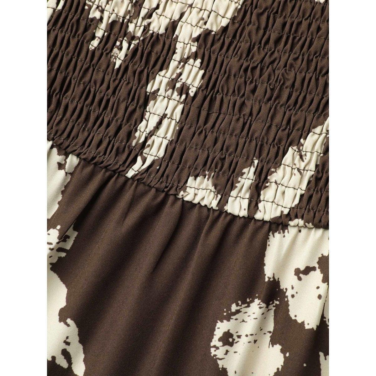 Plus Size Leaf Print Square Neck Ruffled Shirred Midi Dress Browncoffeecolor Women Elegant Shirred Square Neck Elbow-length sleeve Curvy BloomChic 14-16/1X Product Image