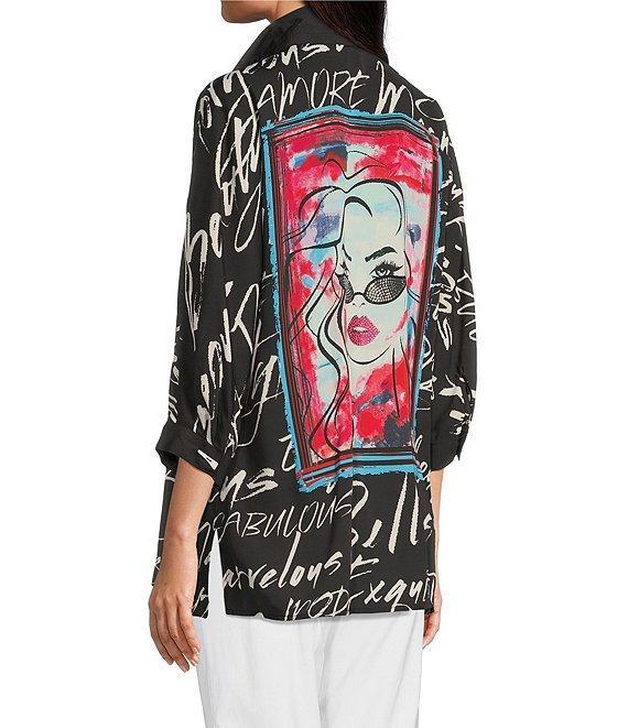 Ali Miles Petite Size Woven Printed Wire Collar 3/4 Roll-Tab Sleeve Button Front Tunic Product Image