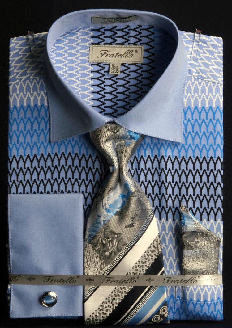 French Cuff Printed Tone on Tone Shirt in Blue with Tie, Cuff Links and Pocket Square Product Image