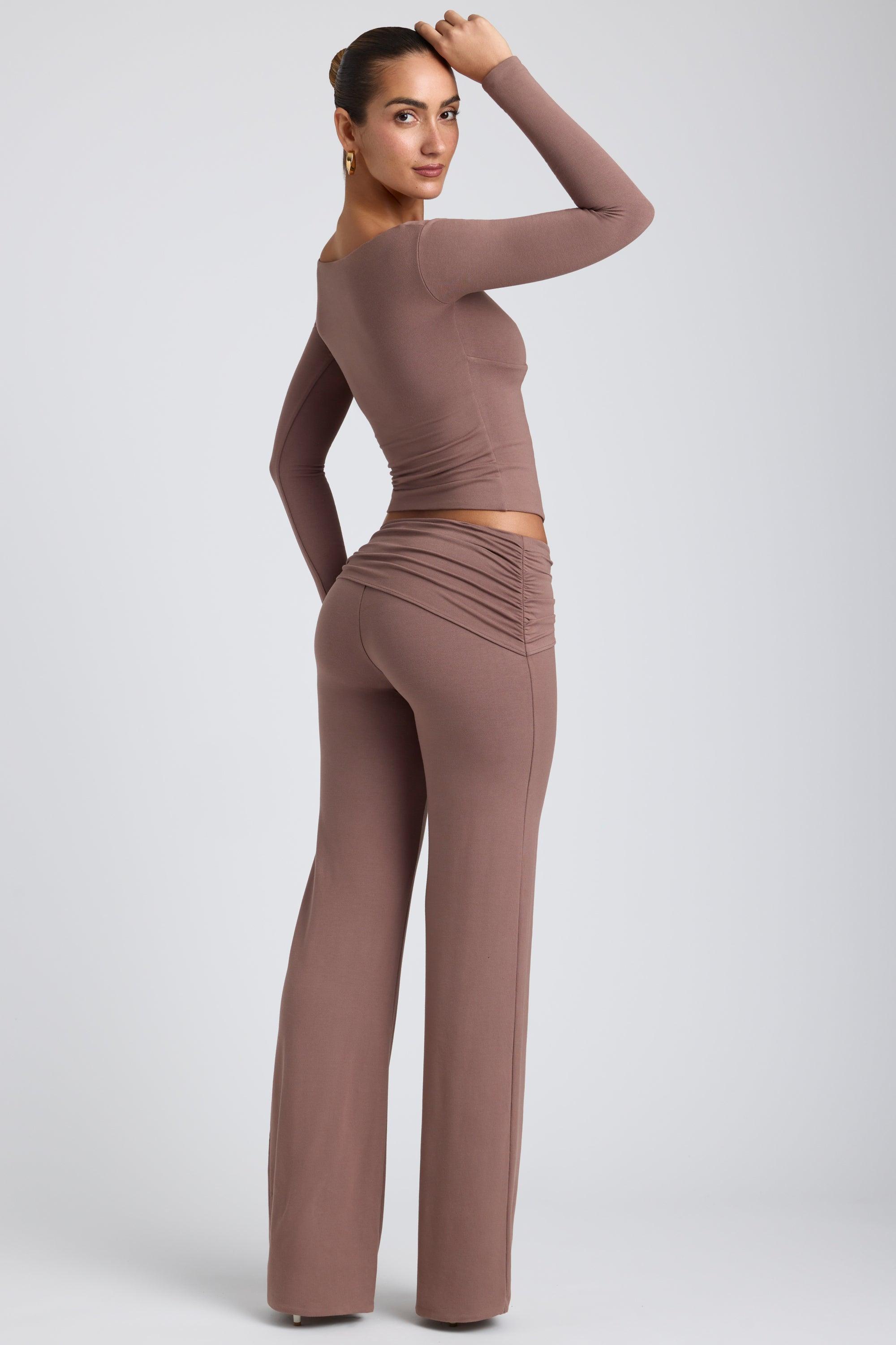 Modal Twist-Front Long-Sleeve Crop Top in Taupe Product Image