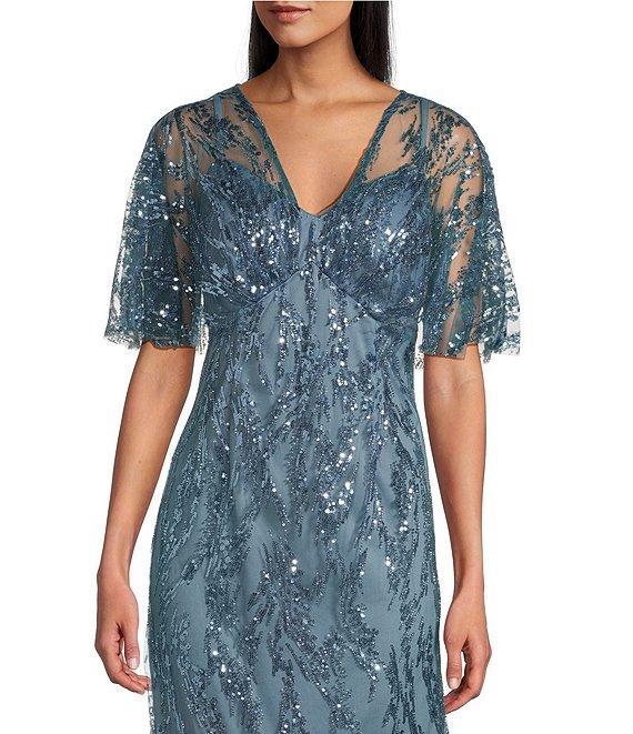 R & M Richards Sequin V-Neck Flutter Sleeve Sheer Capelet A-line Dress Product Image