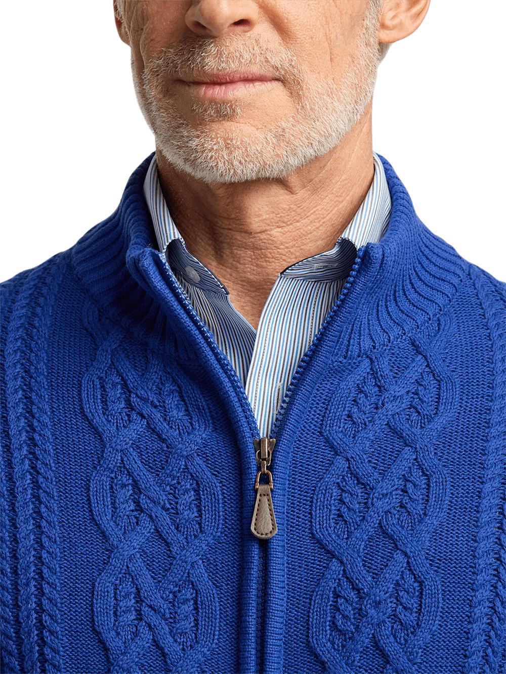 Cotton Cable Full Zip Mock Neck Sweater - Cobalt Product Image