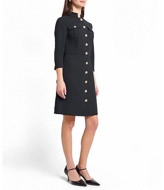 Ming Wang Stretch Deco Crepe Utility Stand Collar 3/4 Sleeve Button Front Dress Product Image