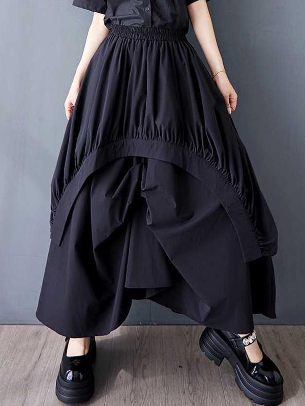 A-Line Loose Asymmetric Elasticity Pleated Pockets Solid Color Skirts Bottoms Product Image