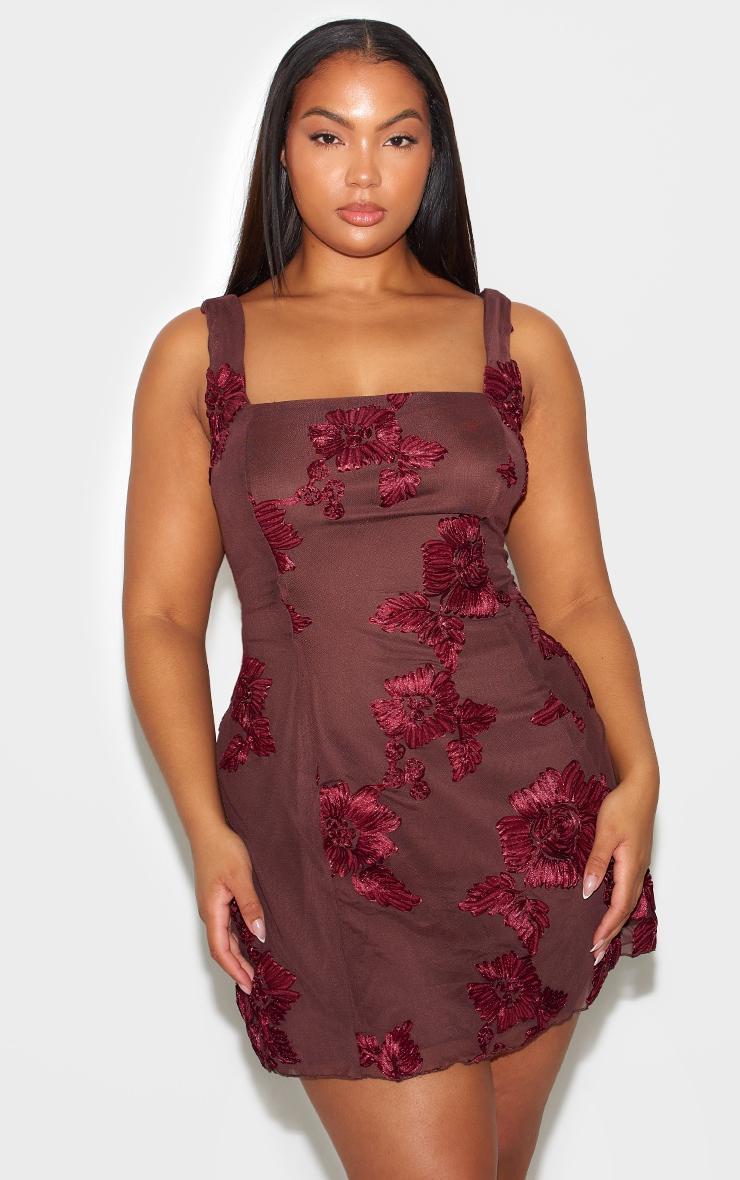 Burgundy Mesh Floral Applique Detail A-Line Dress Product Image