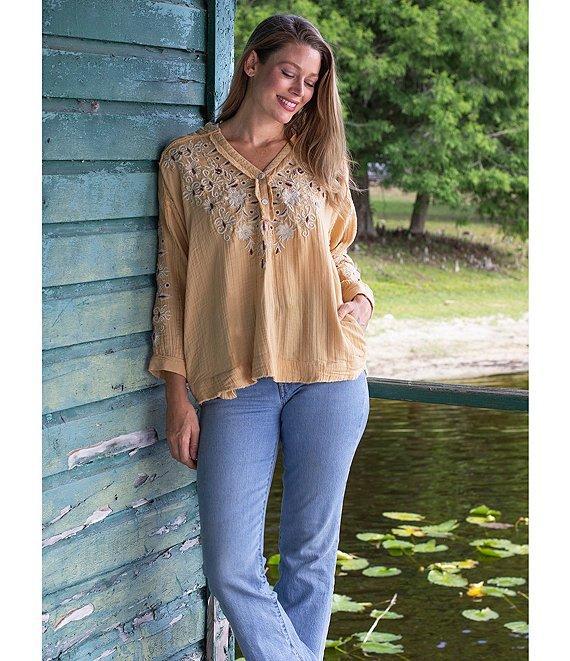 75813   Joan Vintage Inspired Floral Embroidered Long Sleeve Split V-Neck Raw High-Low Hem Boho Chic Tunic by Caite & Kyla Product Image