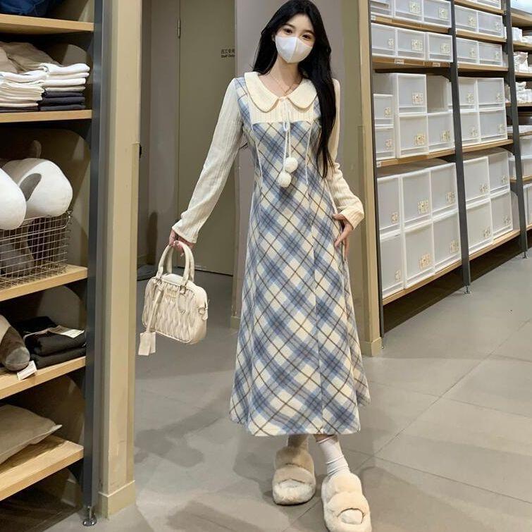 Mock Two-Piece Puff-Sleeve Plaid Bobble Midi A-Line Dress Product Image