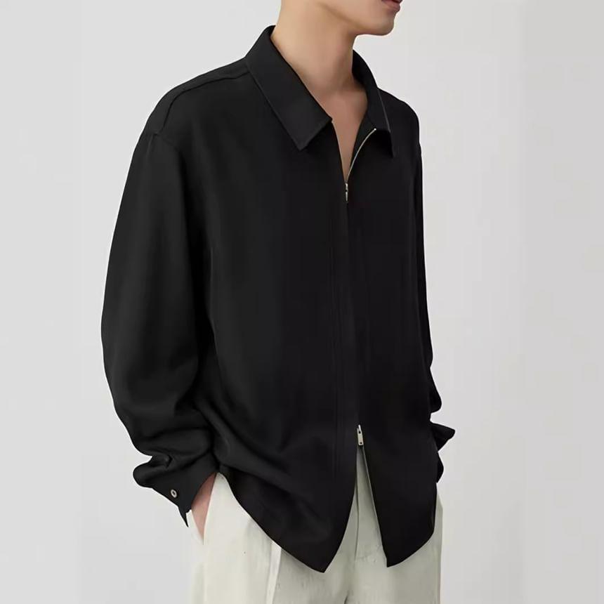 Long-Sleeve Zip-Up Plain Shirt Product Image