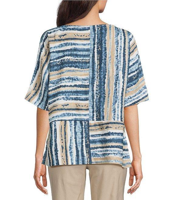 Ali Miles Petite Size Woven Linen Blend Abstract Stripe Round Neck Elbow Sleeve Sharkbite Hem Tunic Product Image
