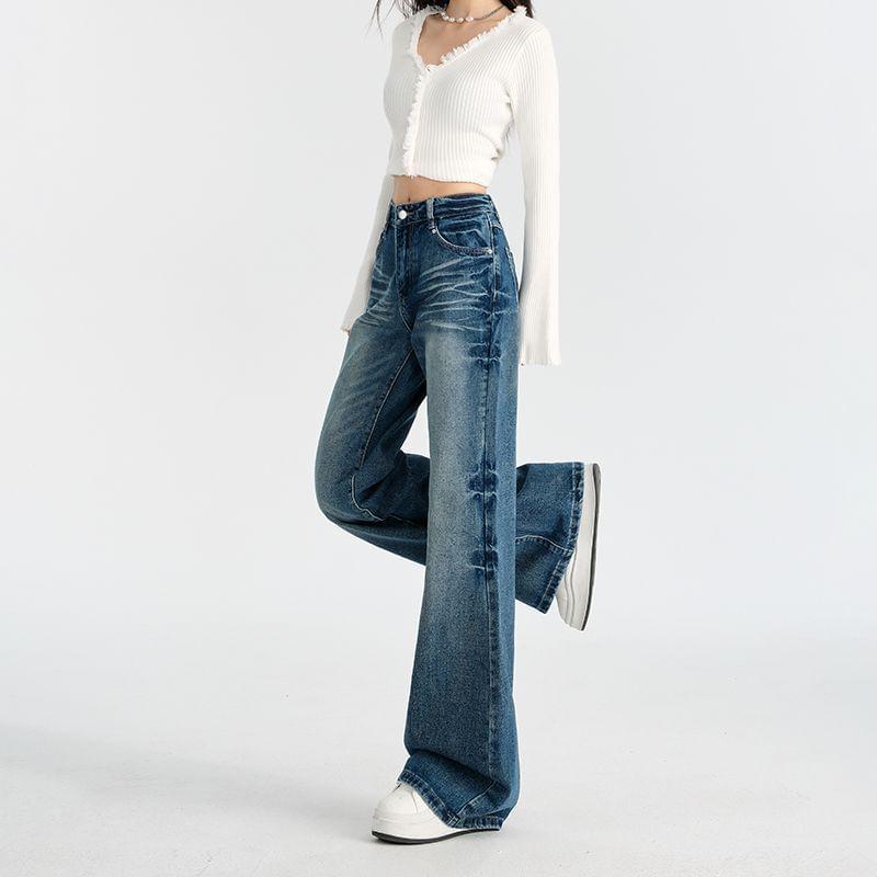 High Waist Washed Wide Leg Jeans (Various Designs) Product Image