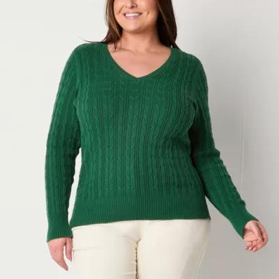 St. John's Bay Plus Womens V Neck Long Sleeve Cable Knit Pullover Sweater Product Image