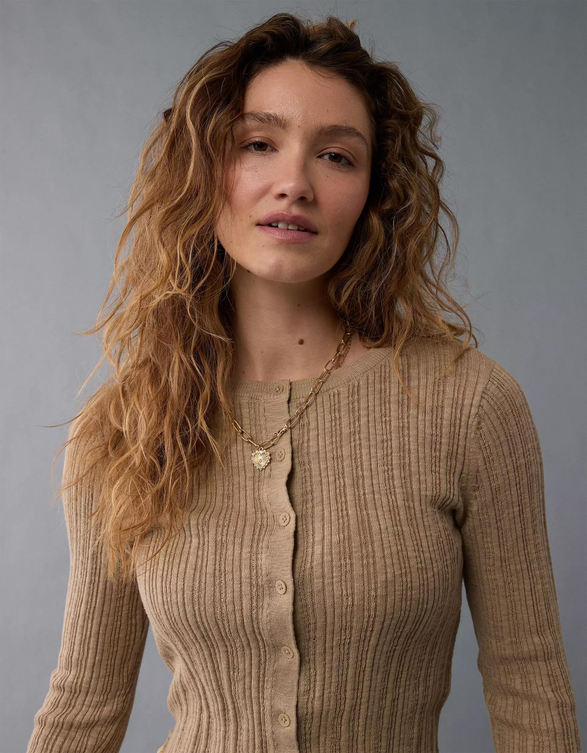 AE Ribbed Crew Neck Cardigan Product Image