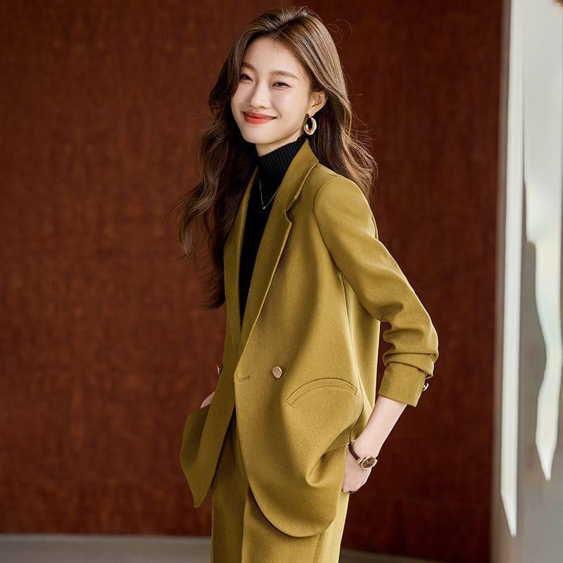 Lapel Collar Plain Double Breasted Blazer / Mid Waist Plain Wide Leg Slacks / Set Product Image