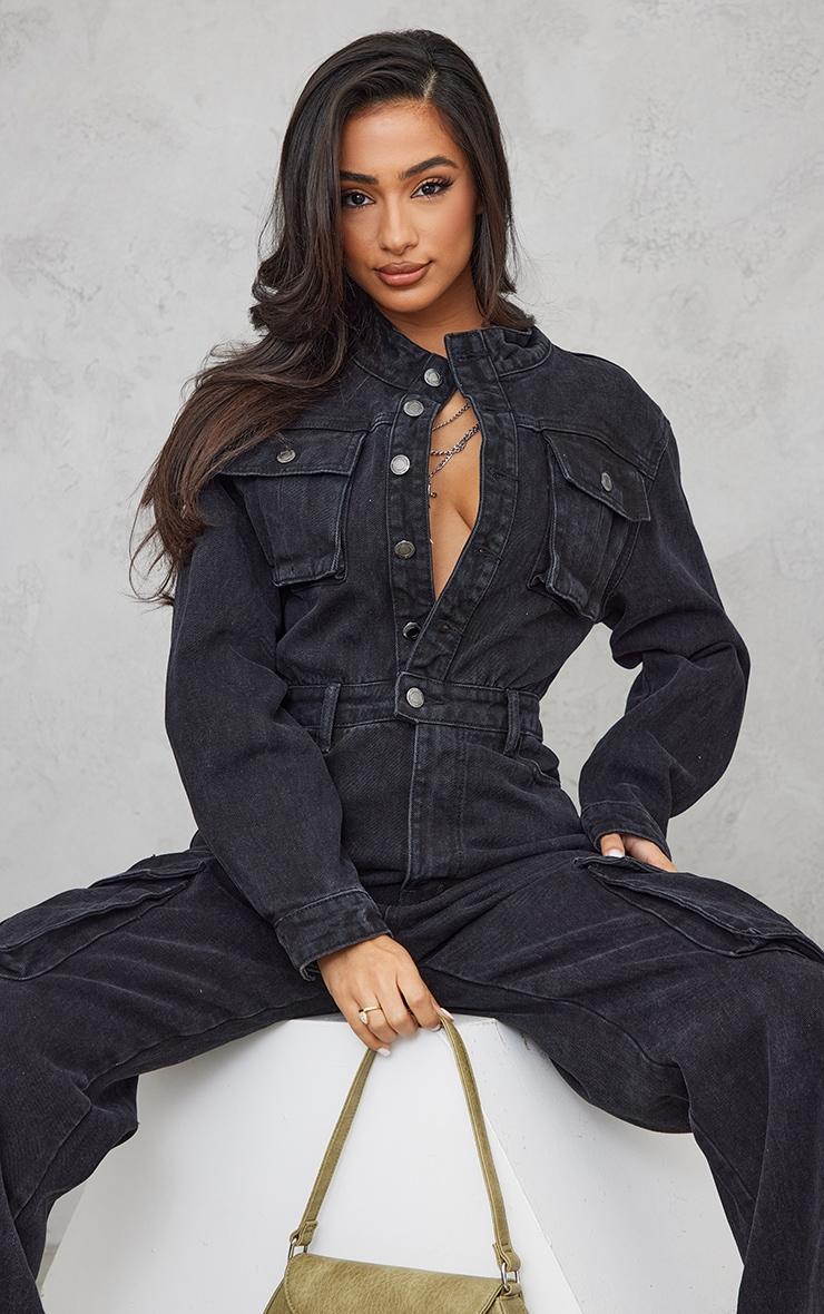 Petite Black Denim Cargo Wide Leg Jumpsuit Product Image