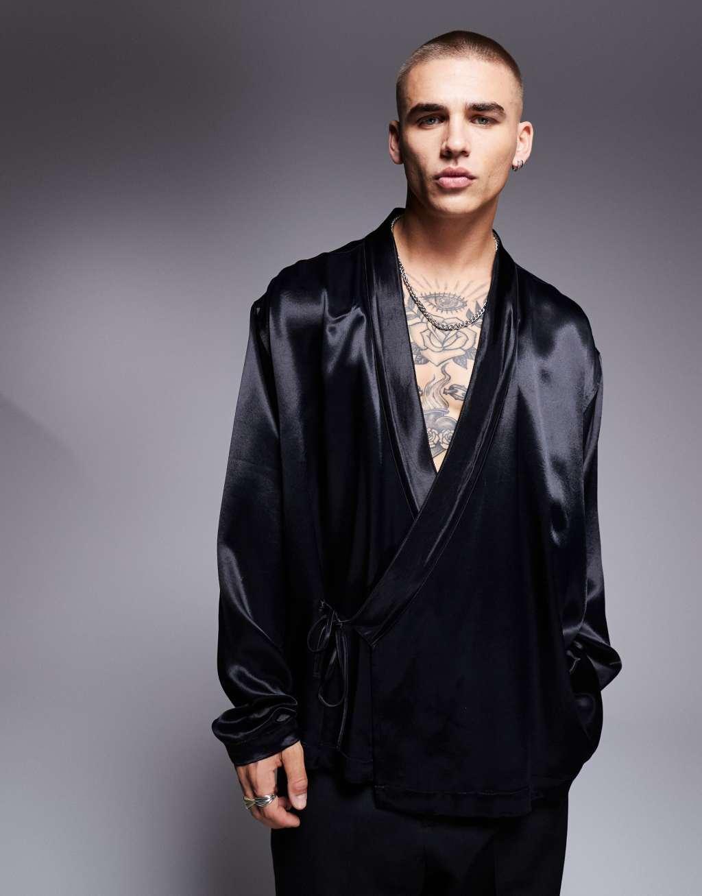 ASOS DESIGN wrap shirt in black satin Product Image