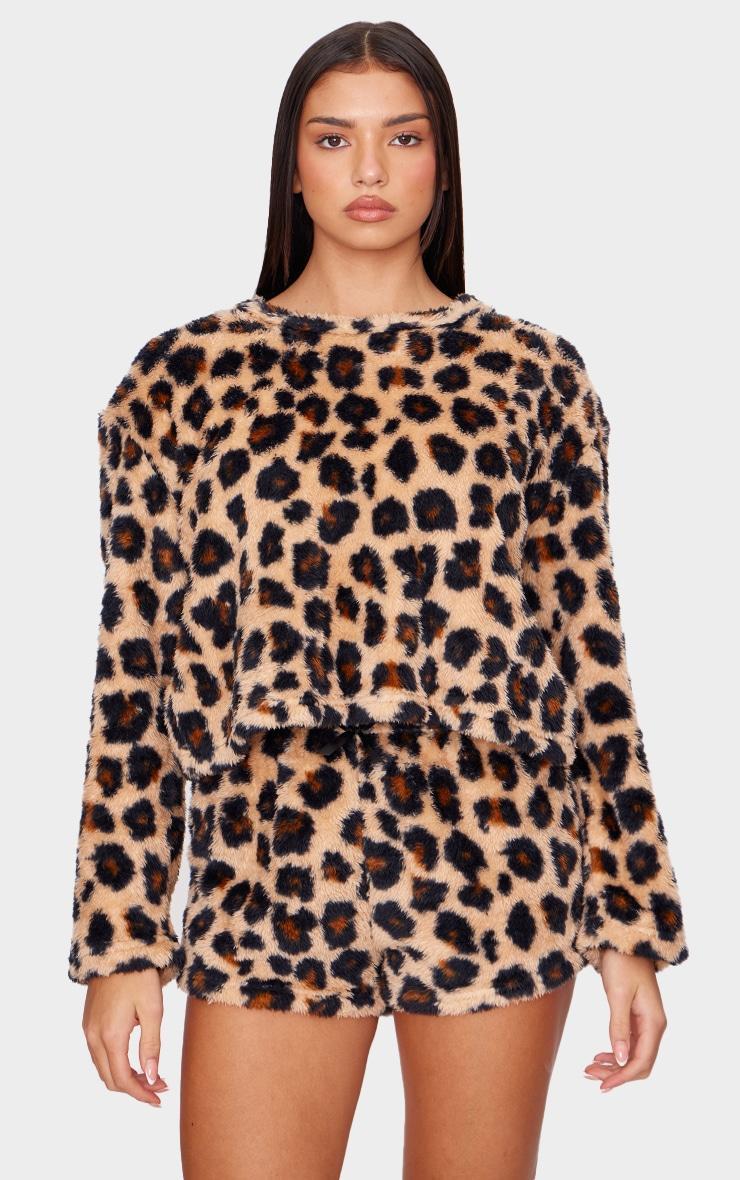 Brown Leopard Print Fleece Pj Shorts Product Image