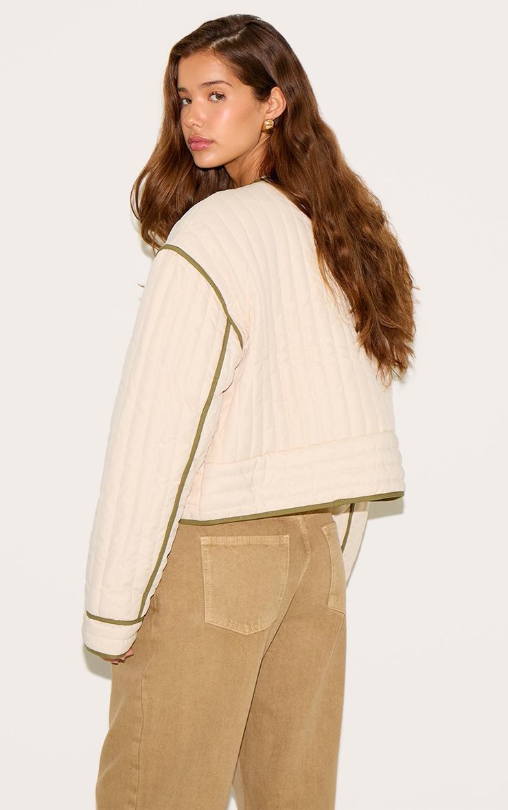  Cream Button Up Round Neck Quilted Jacket Product Image