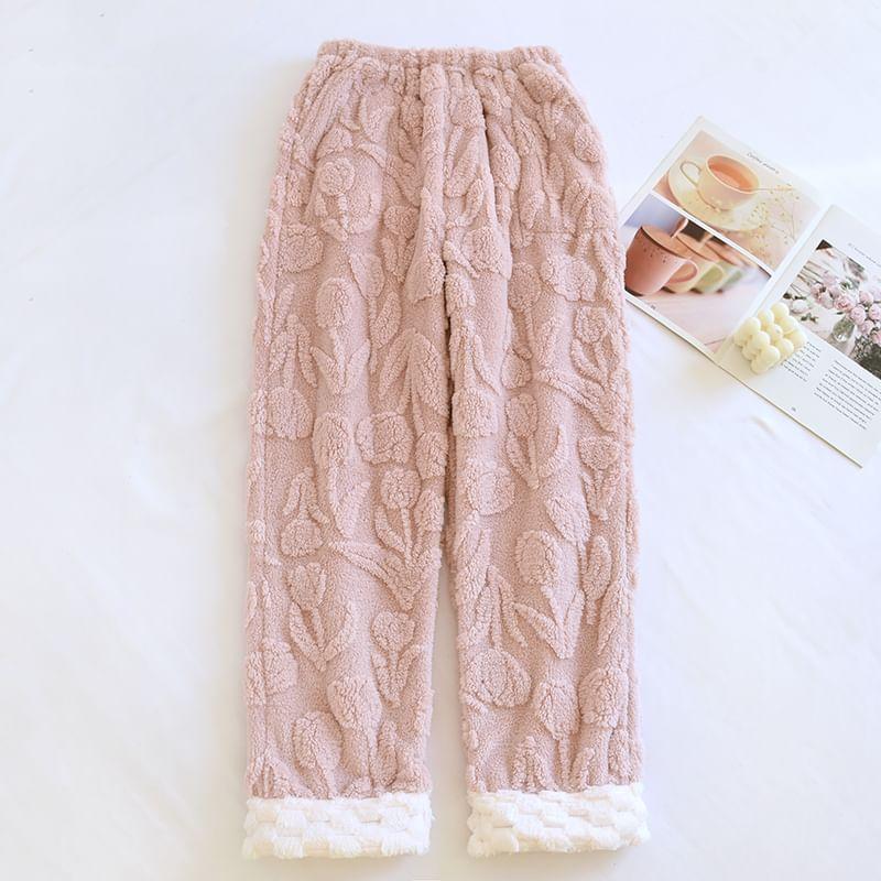 Elastic Waist Two Tone Floral Fleece Lounge Pants Product Image