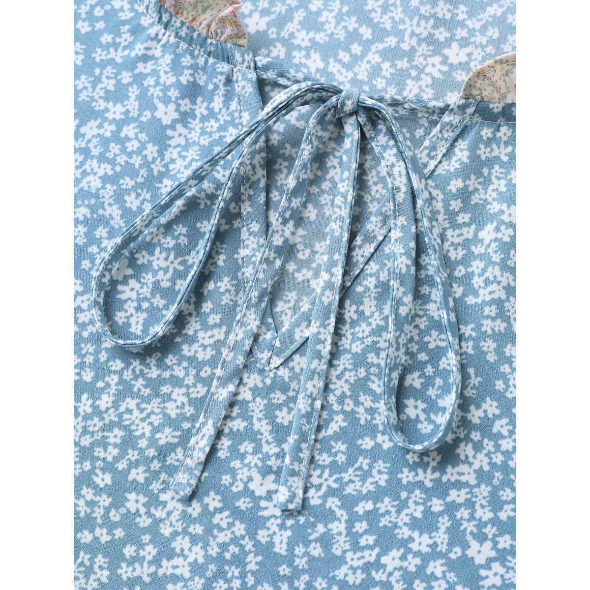 Plus Size LightBlue Ruffled Neck Tie Floral Print Blouse Women Short sleeve Notched collar Everyday-Elegant Blouses BloomChic 18-20/2X Product Image