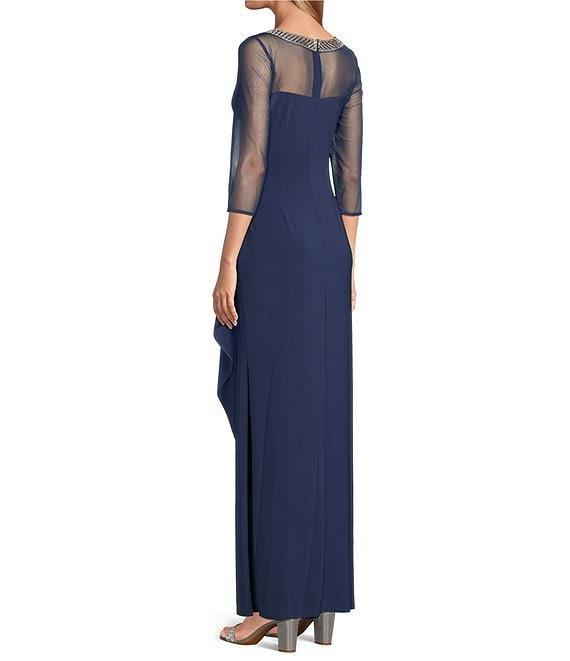 Alex Evenings Petite Size Embellished Boat Neck 3/4 Sleeve Ruched Side Slit Dress Product Image