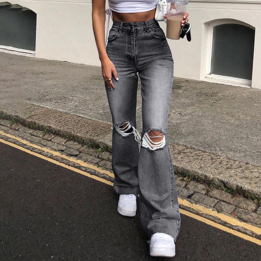 High-Waist Ripped Bootcut Jeans Product Image