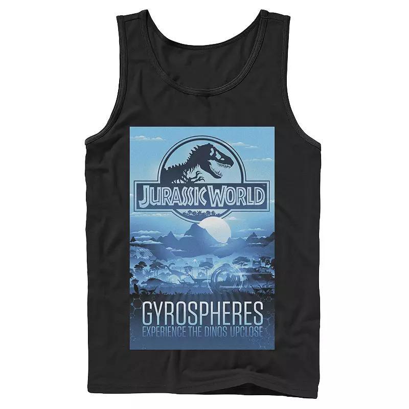 Mens Jurassic World Gyrospheres Tour Park Poster Graphic Tank Top Blue Product Image