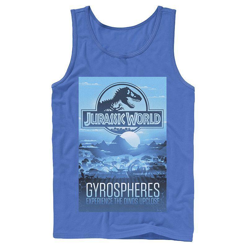 Mens Jurassic World Gyrospheres Tour Park Poster Graphic Tank Top Blue Product Image