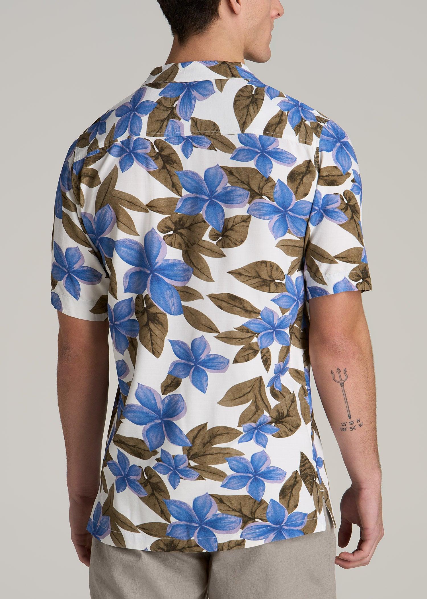 Short Sleeve Resort Shirt for Tall Men in Blue Tropical Print Product Image