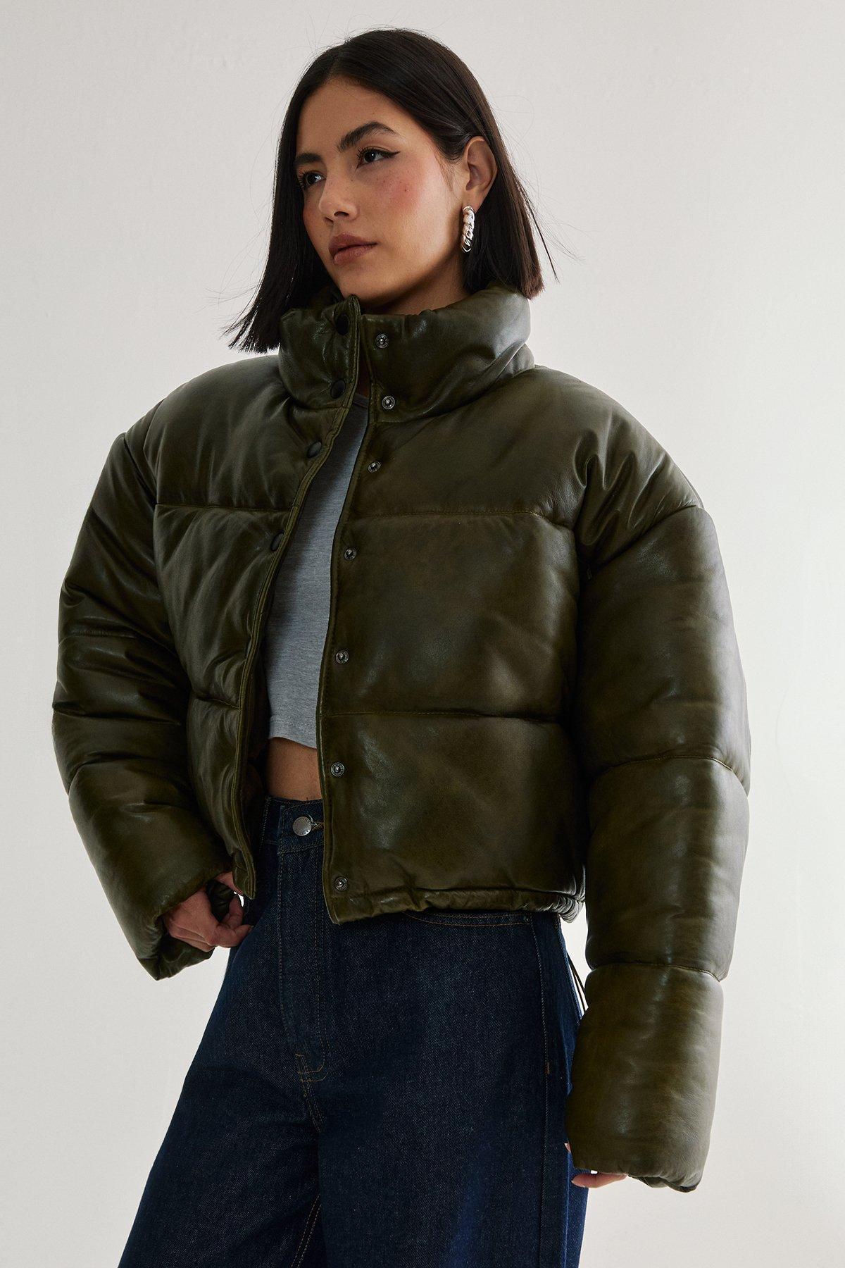 Real Leather Distressed Puffer Coat Product Image