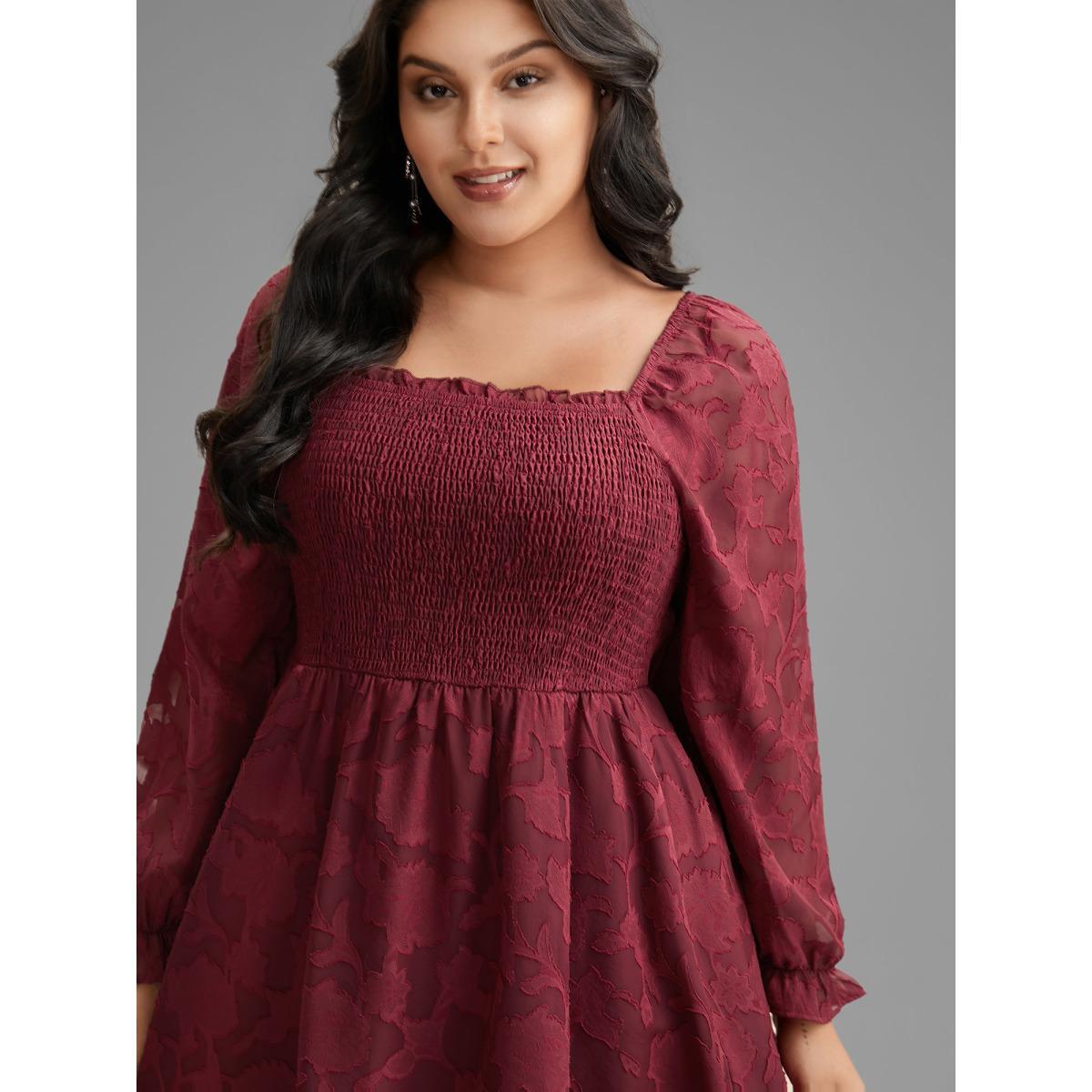 Plus Size Jacquard Texture Square Neck Midi Dress Burgundy Women Elegant Texture Party Curvy Bloomchic 22-24/3X Product Image