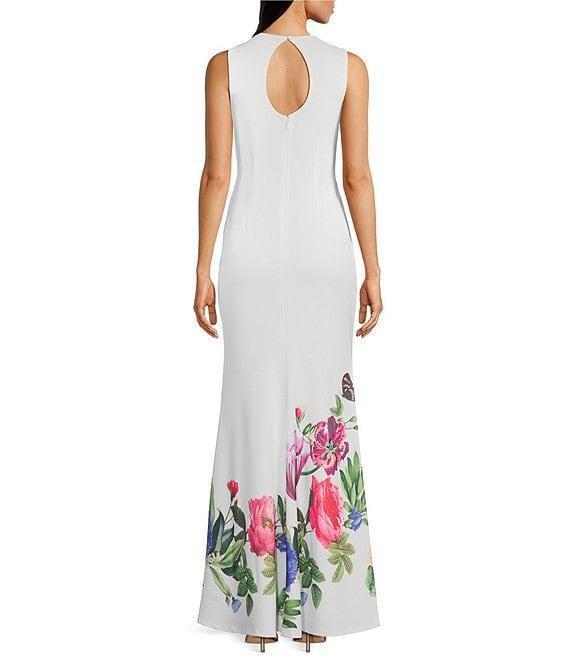 Vince Camuto Woven Floral Print Round Neck Sleeveless Maxi Gown Product Image