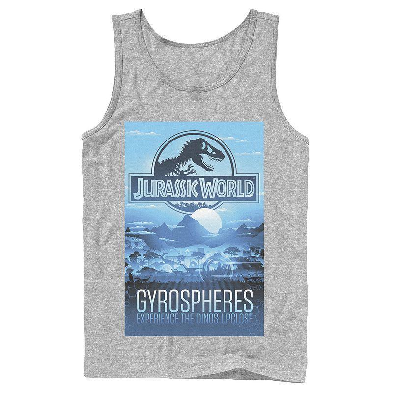 Mens Jurassic World Gyrospheres Tour Park Poster Graphic Tank Top Blue Product Image