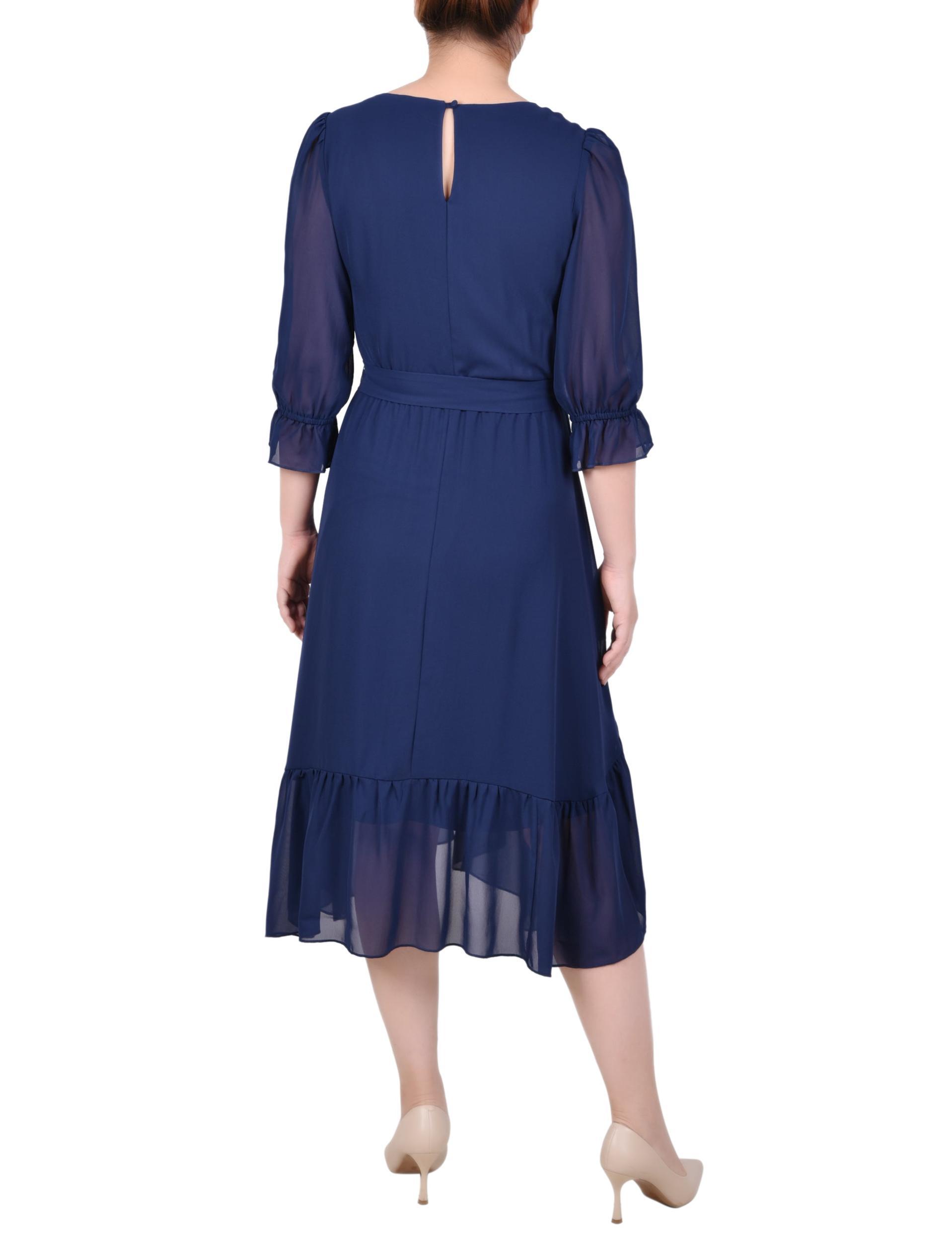 Navy 3/4 Sleeve V-Neck Flounced Dress Product Image