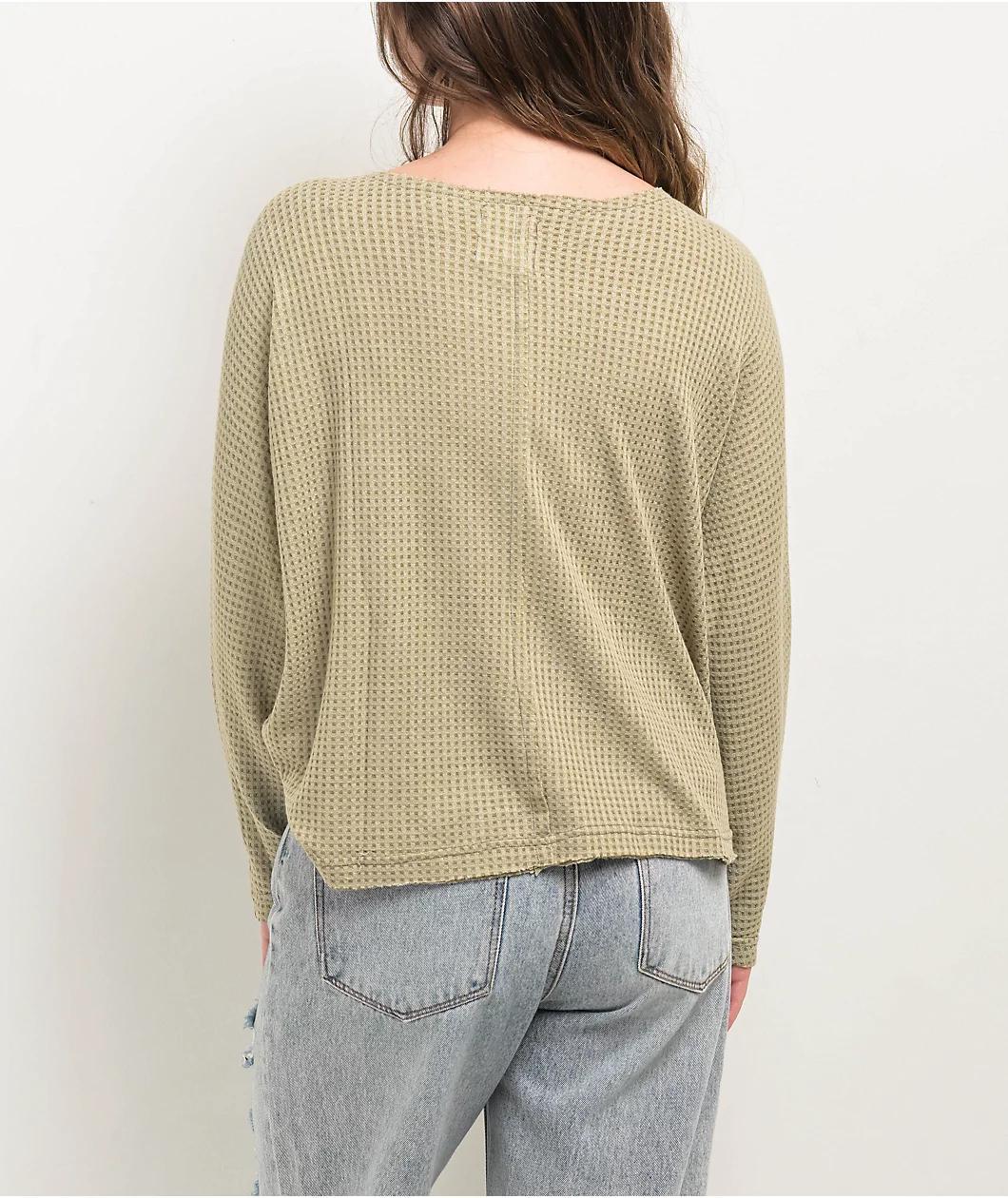 Blu Pepper Waffle Knit Split Neck Beige Long Sleeve T-Shirt Product Image