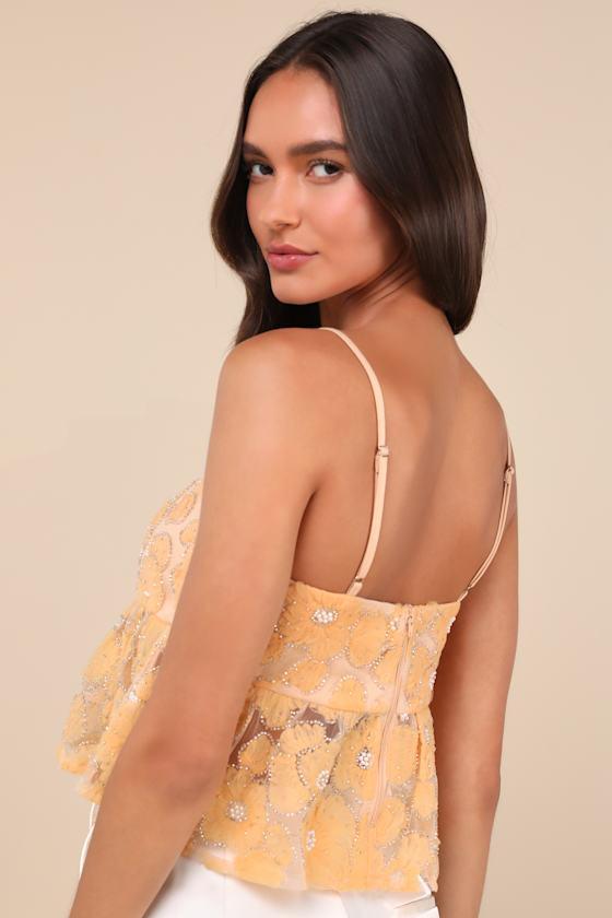 Ideal Attitude Yellow Applique Beaded Floral Cropped Tank Top Product Image