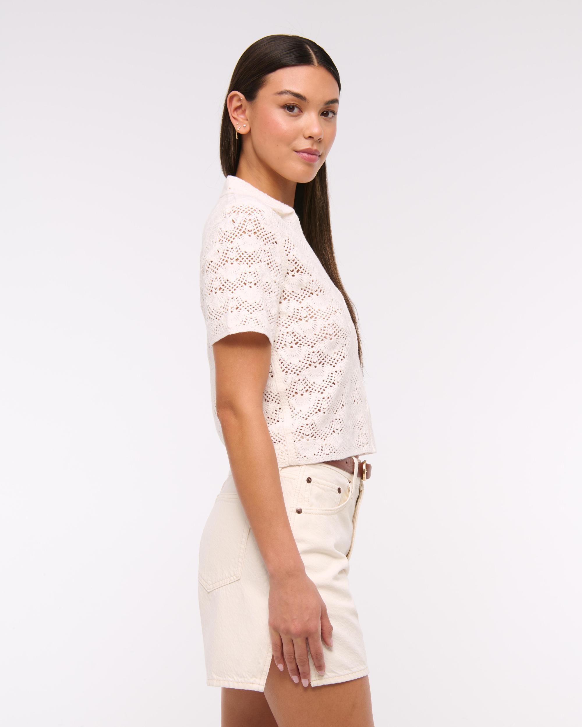 Short-Sleeve Crochet-Style Polo Product Image