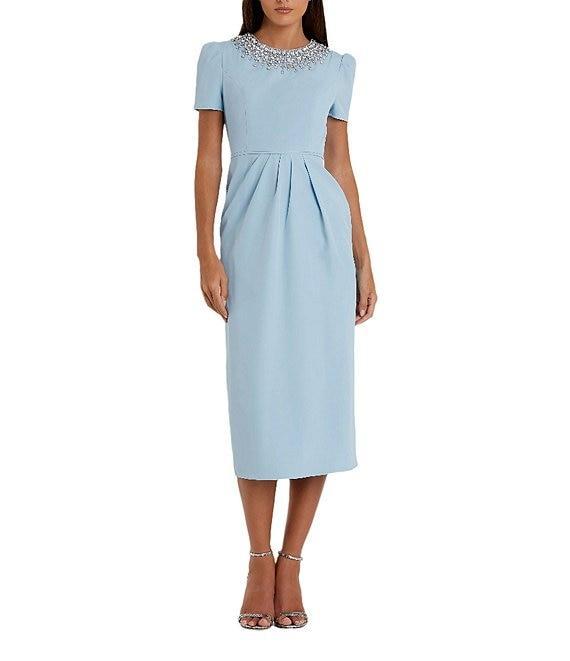 Mac Duggal Rhinestone Crew Neckline Short Sleeve Midi Dress Product Image